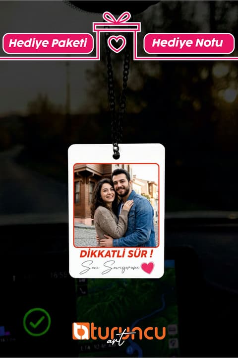 Kişiye Özel Fotoğraflı "Dikkatli Sür" Yazılı Pleksi Araba Süsü, Dikiz Aynası Aksesuarı - Hediyesi